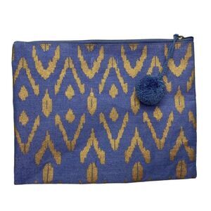 Mudpie Blue Gold Travel Pouch ‎ MakeUp Bag with Pom Pom